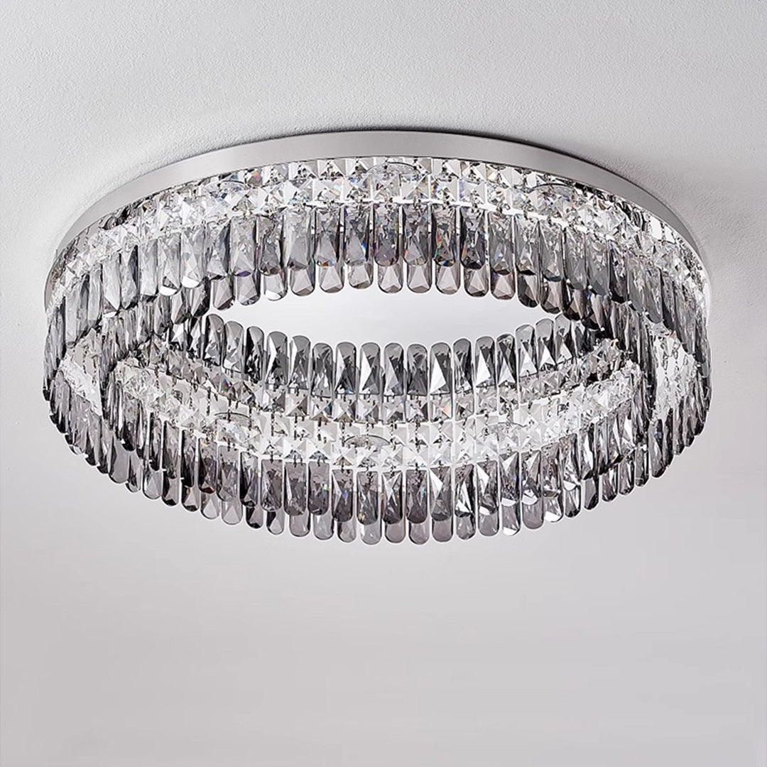 French Crystal Round LED Flush Mount — Polished Stainless Steel, K9 Crystal, 3-Step Dimming, 45cm / 60cm / 80cm