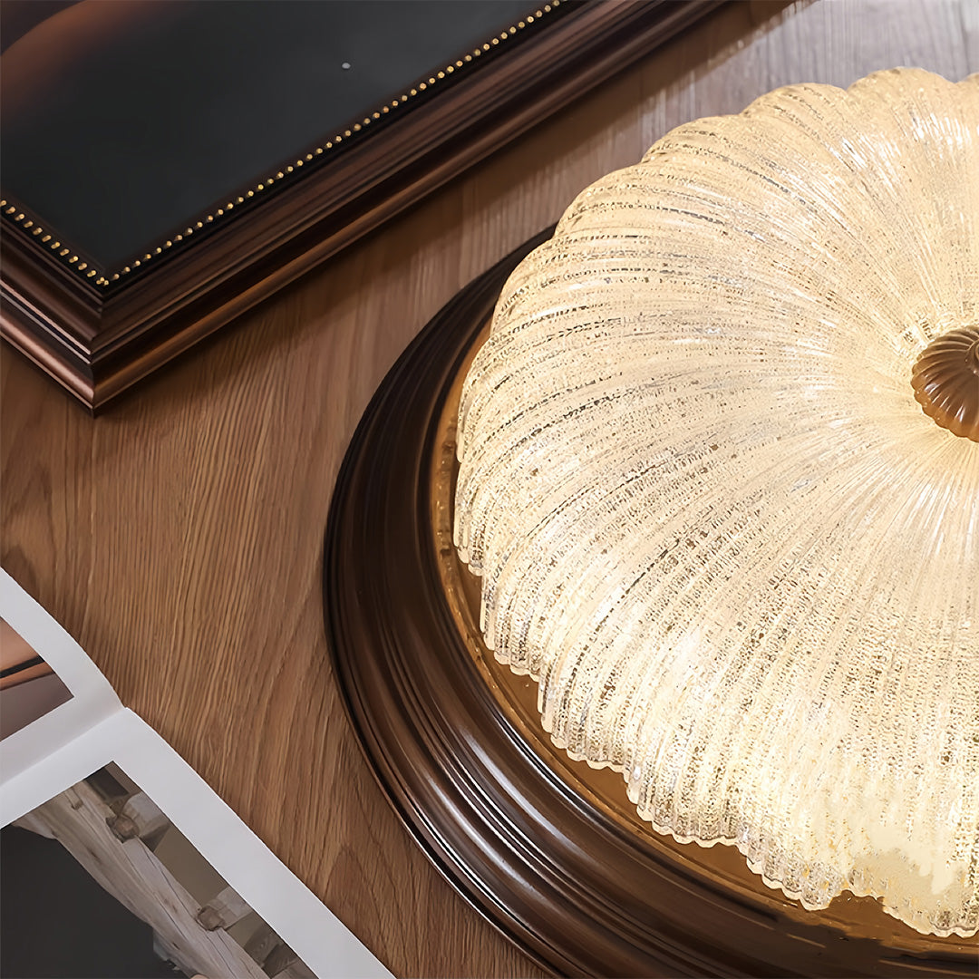 Pumpkin Dome Flush-Mount Ceiling Light — Walnut Iron Frame, Prismatic Glass, 3-Step Dimming, LED, 15"–23" Sizes