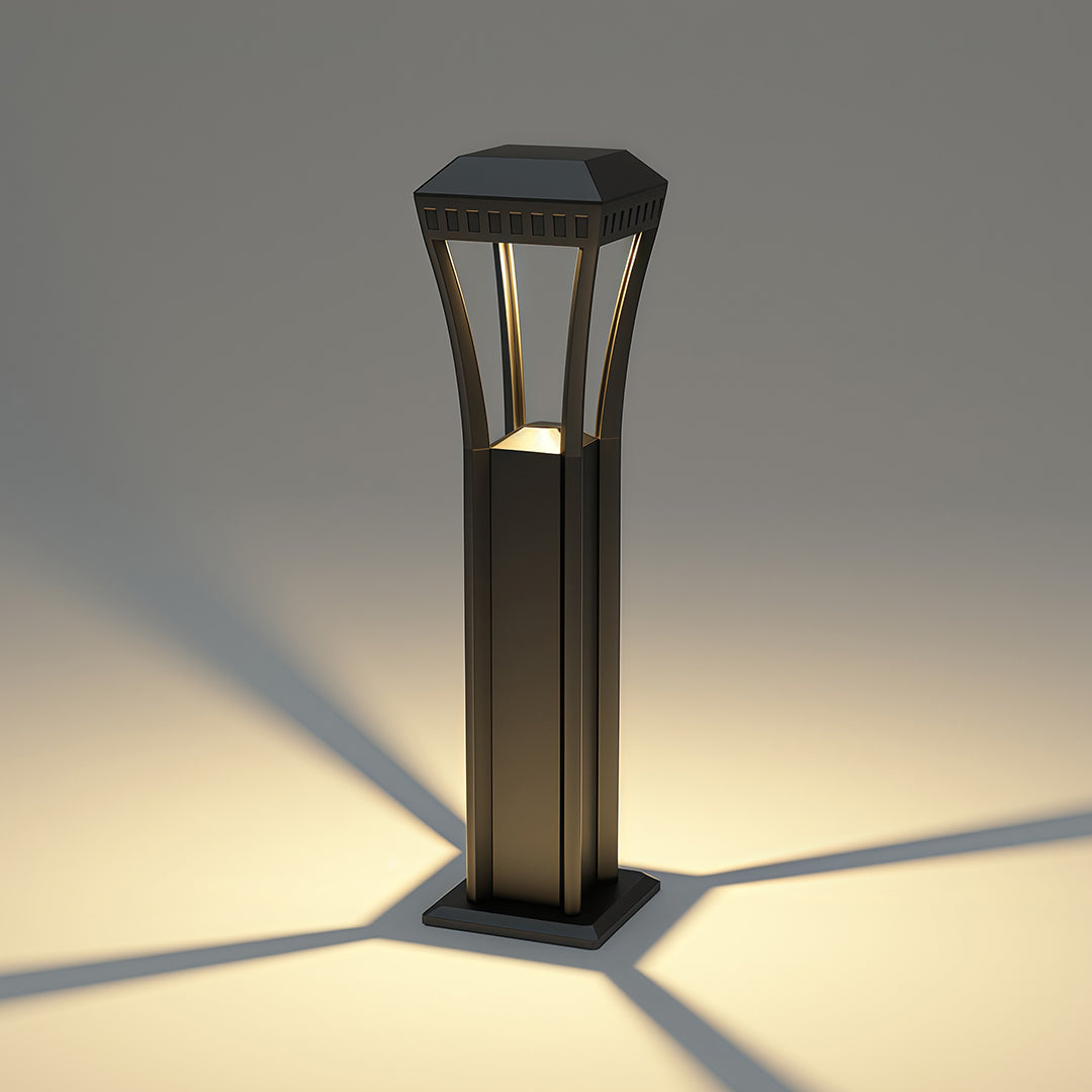 Geometric Square Bollard Light — Black Aluminum, Transparent Glass, 7W LED, IP54, 60cm / 80cm
