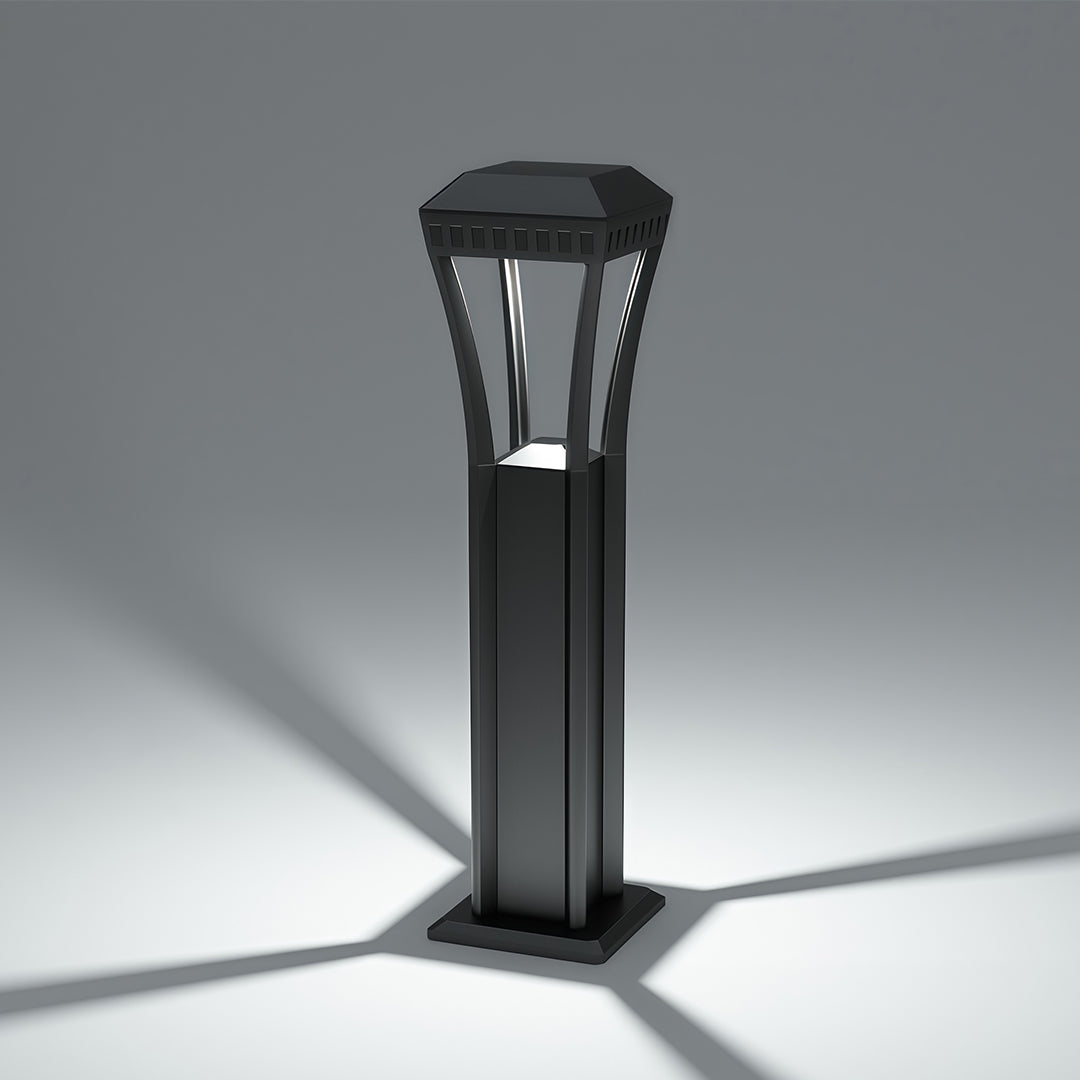 Geometric Square Bollard Light — Black Aluminum, Transparent Glass, 7W LED, IP54, 60cm / 80cm