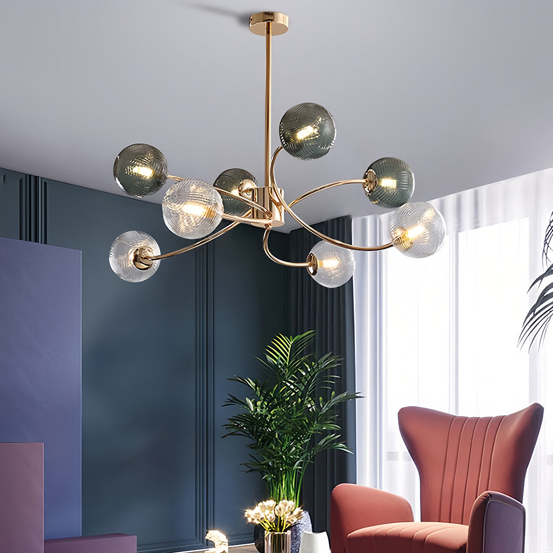 Tree Branch Flush-Mount Chandelier — Gold Iron, Clear Green Glass, 6-Light, 3-Step Dimming