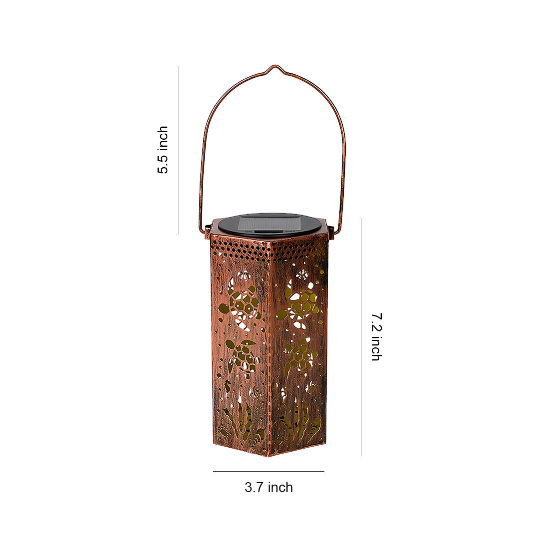 Hollow-Out Hexagonal Solar Outdoor Lantern — Copper-Red Wrought Iron, 0.5W Warm LED, IP44, 600mAh, Nature Motifs