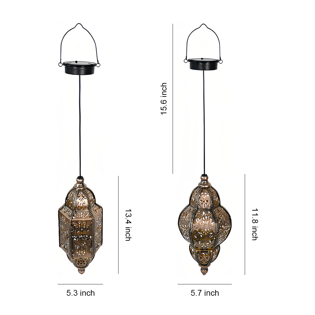 Moroccan Hollow Solar Outdoor Lantern — Wrought Iron, 0.5W Warm LED, 600mAh, IP44, Round or Rectangular