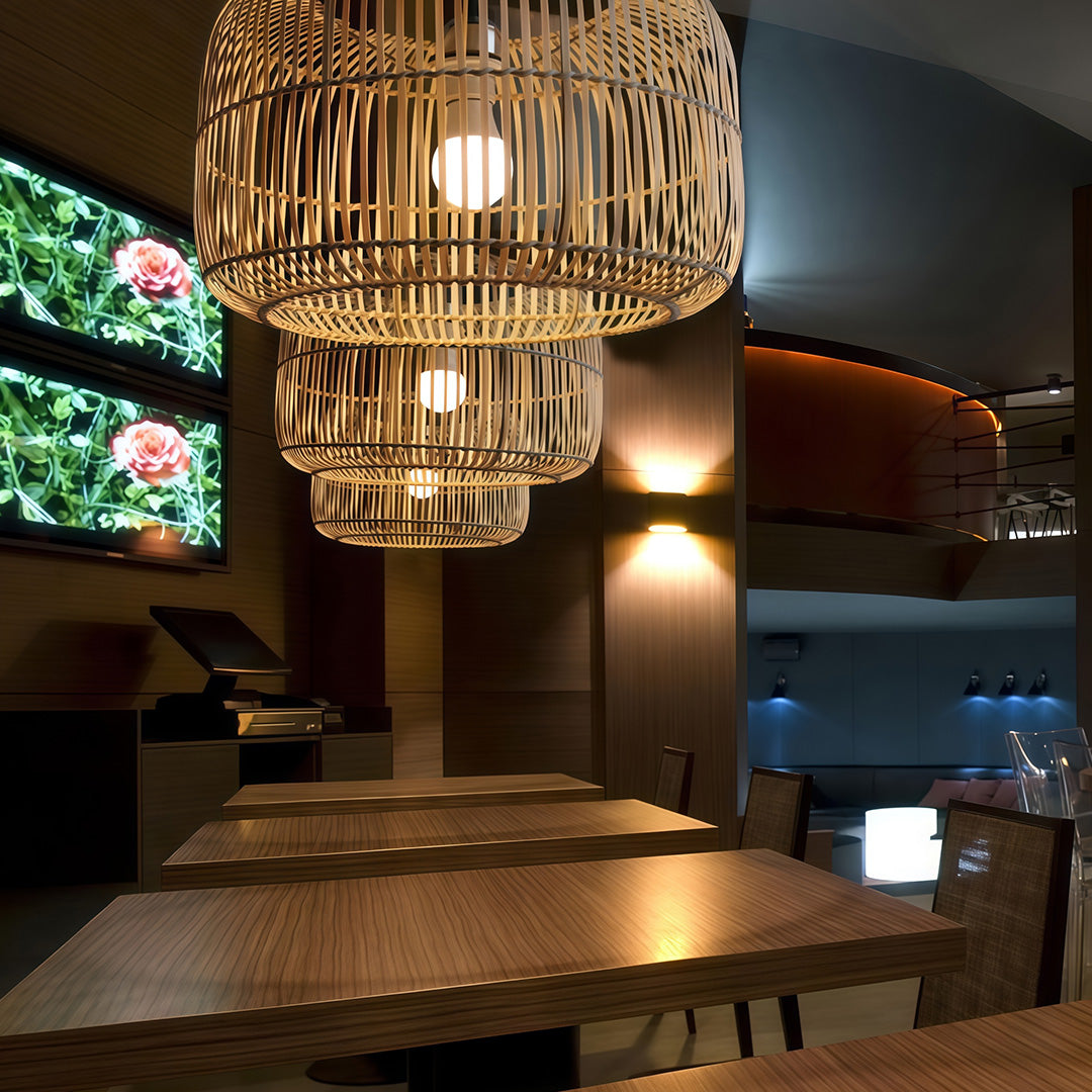 Japanese Minimalist Woven Pendant Light — Hand-Woven Bamboo & Rattan, 15.7" Diameter, E27, 59.1" Adjustable Chain