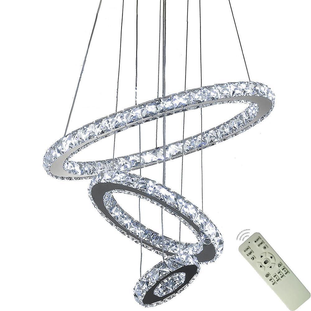Tiered 3-Ring Crystal Chandelier — Chrome, 40.5W LED, Dimmable, Remote Control, 16" Diameter
