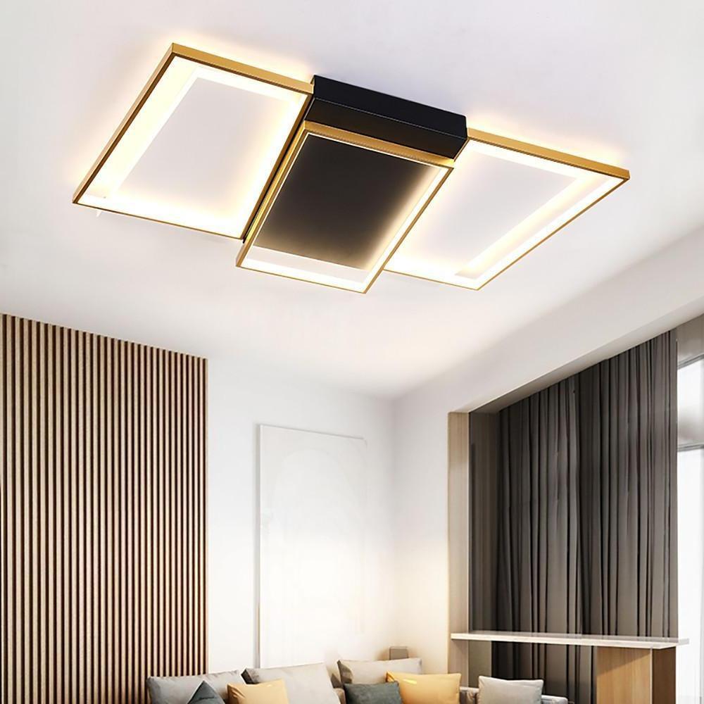 Geometric Rectangle and Round LED Flush-Mount Chandelier — Black and Gold, 3-Step Dimming, Multiple Sizes