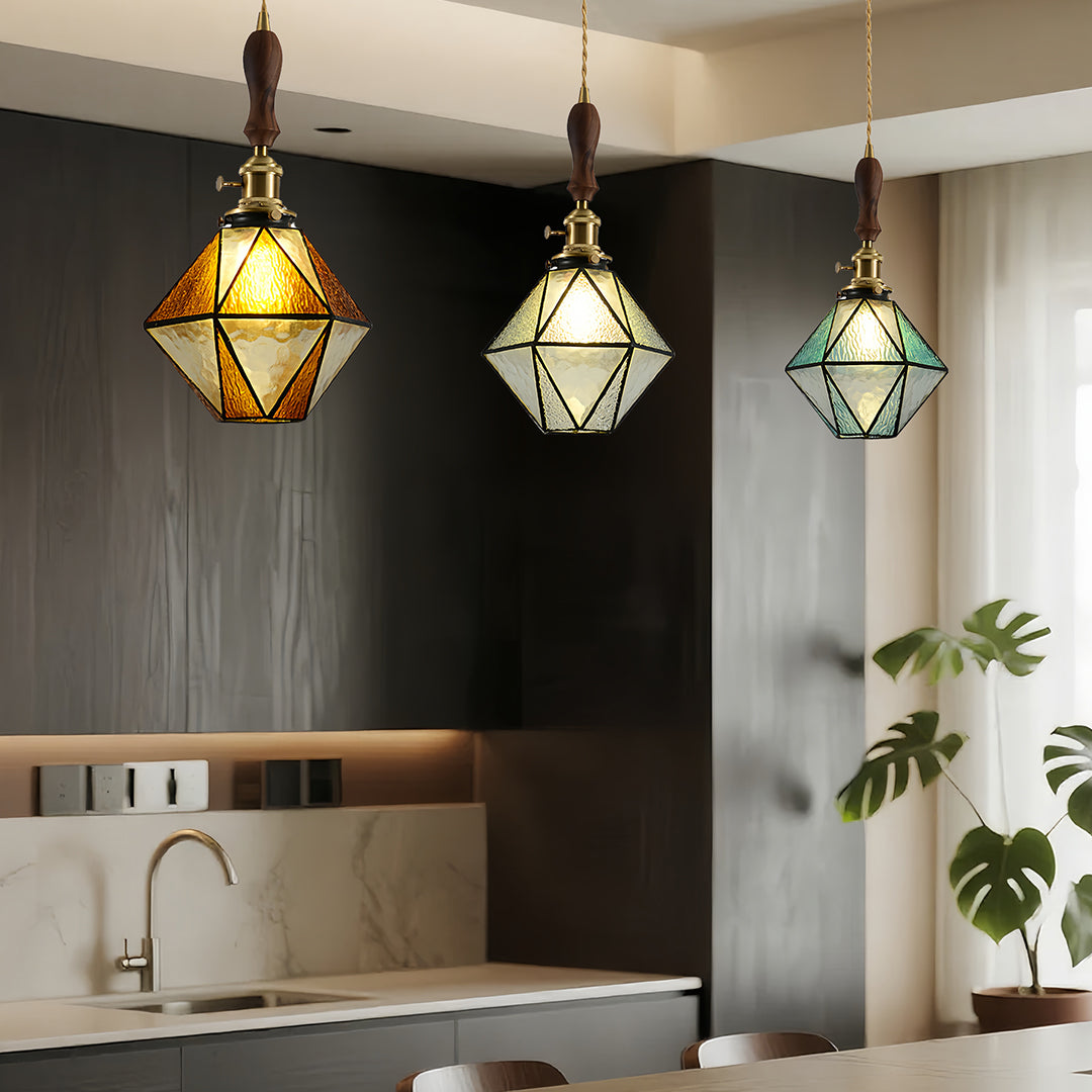 Diamond-Shaped Mini Pendant — Antique Brass, Wood and Tiffany Glass, 16W E27, 2m Adjustable Cord