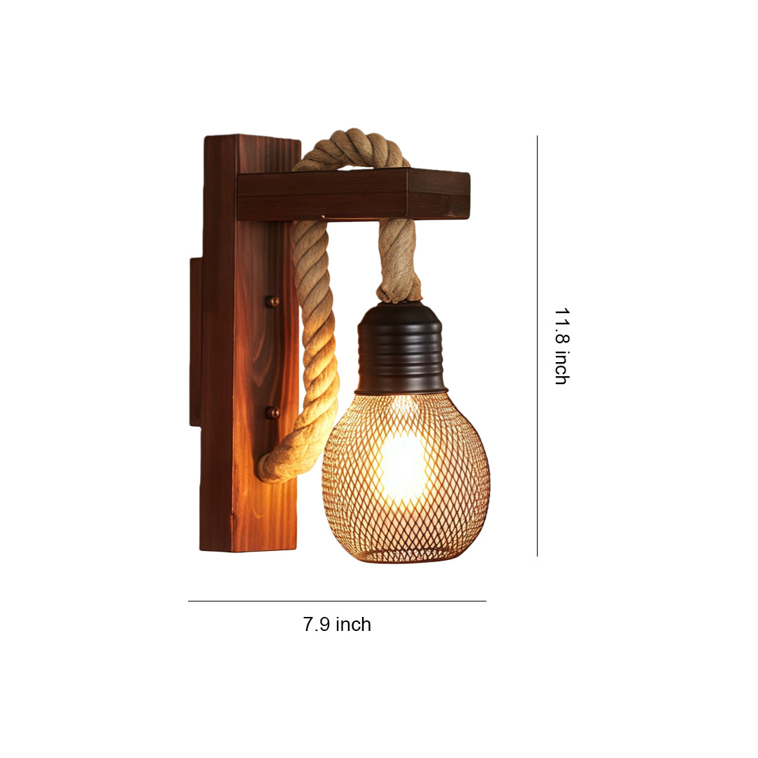 Rustic Iron Mesh Wall Sconce — Jute Rope and Wood Accents, 4W LED E27, Hardwired, Warm White 3000K