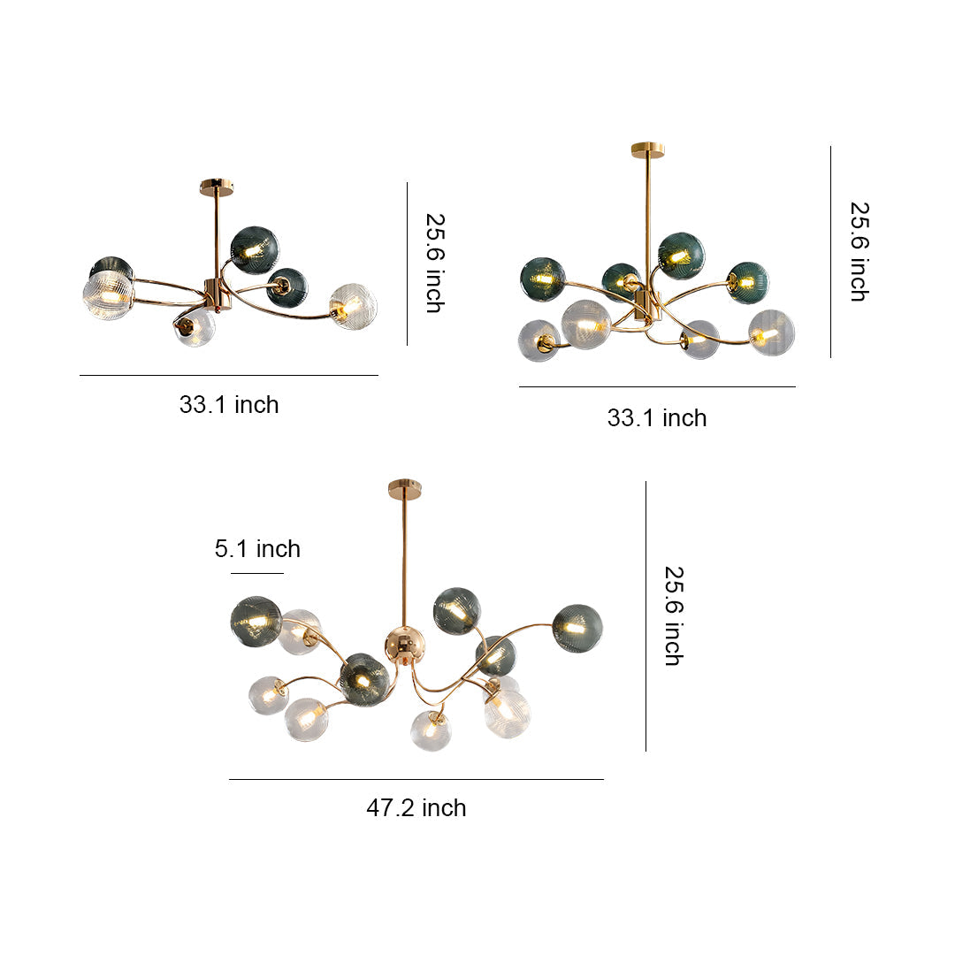 Tree Branch Flush-Mount Chandelier — Gold Iron, Clear Green Glass, 6-Light, 3-Step Dimming