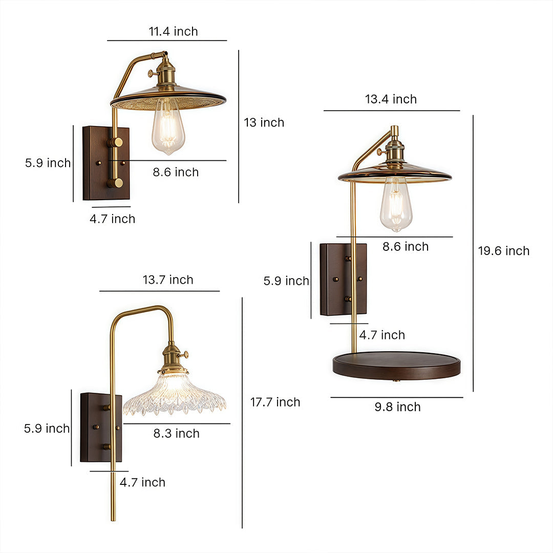 Retro Wave Glass Wall Sconce — Iron and Rubberwood, E27 LED, 3-Step Dimming (3000K/4500K/6000K), 3 Design Styles