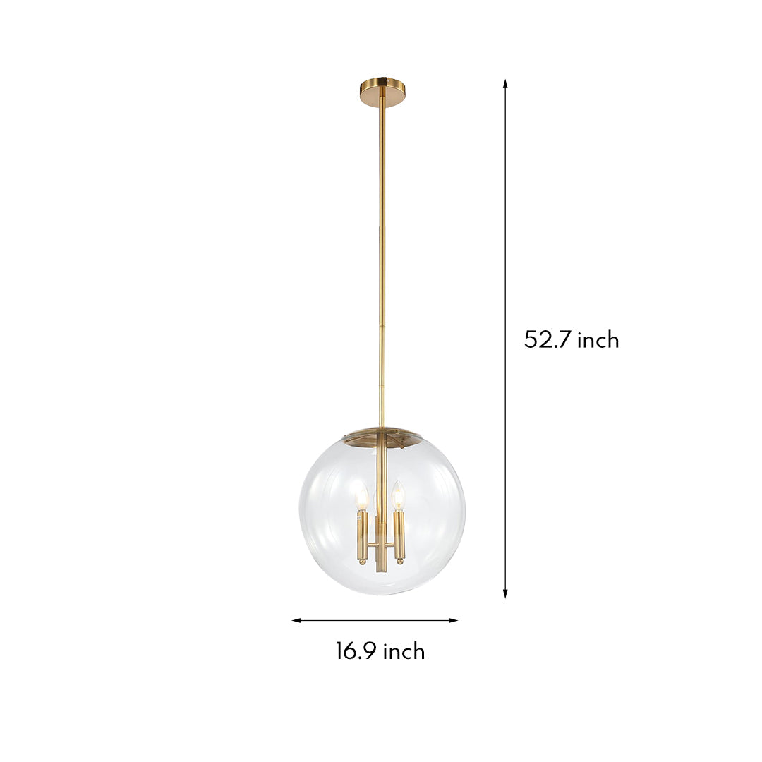 Clear Globe Pendant Light — Gold Metal Frame, Transparent Glass, E12, 2-Light, Adjustable to 52.76"