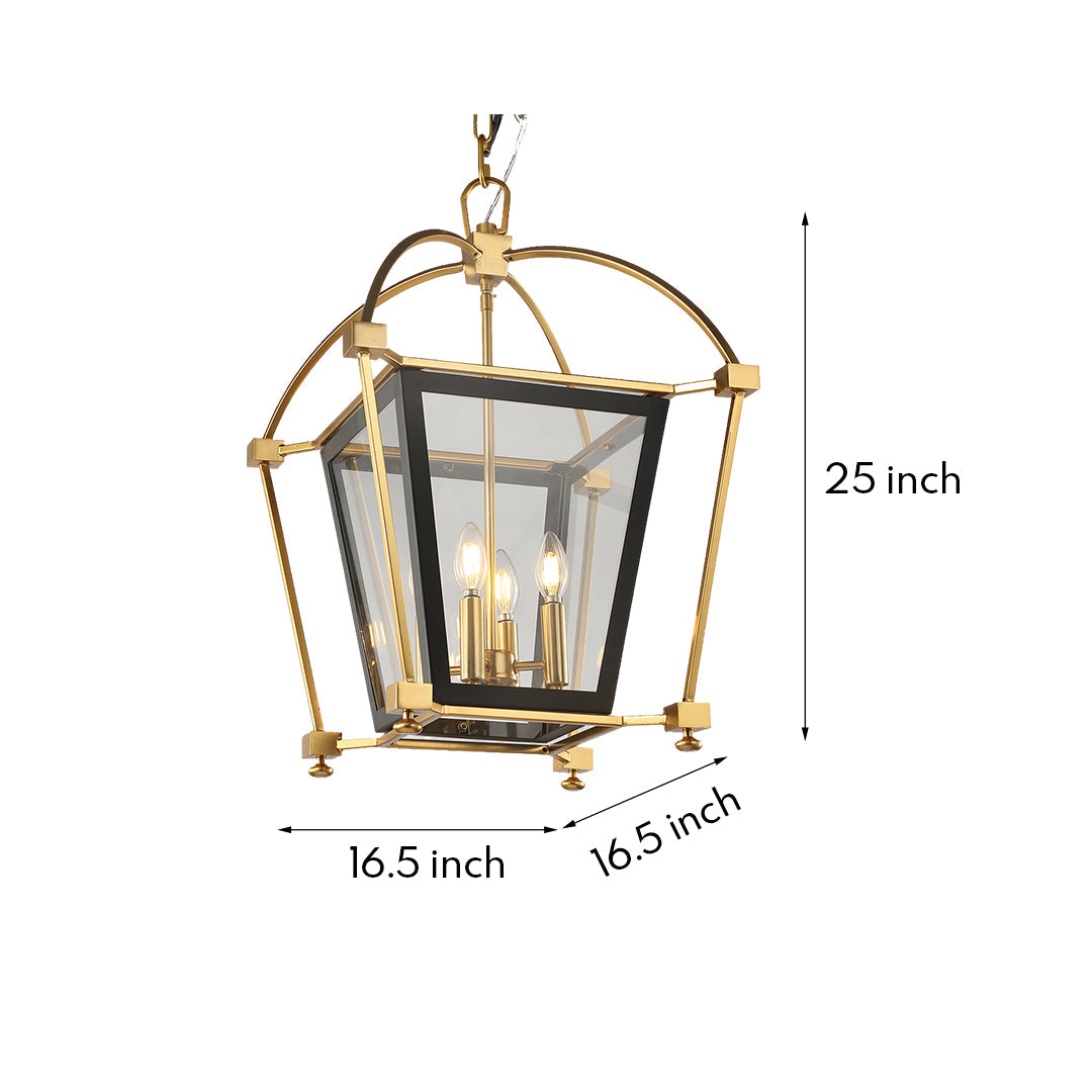 Industrial Gold Lantern Pendant — Black and Gold Iron, 4-Light E12, Adjustable Chain, Acrylic Shade