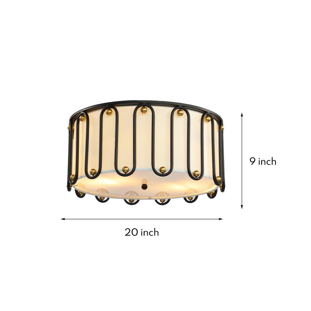 Vintage Round Drum Flush-Mount Ceiling Light — Black Metal, Acrylic Shade, E27, 20"