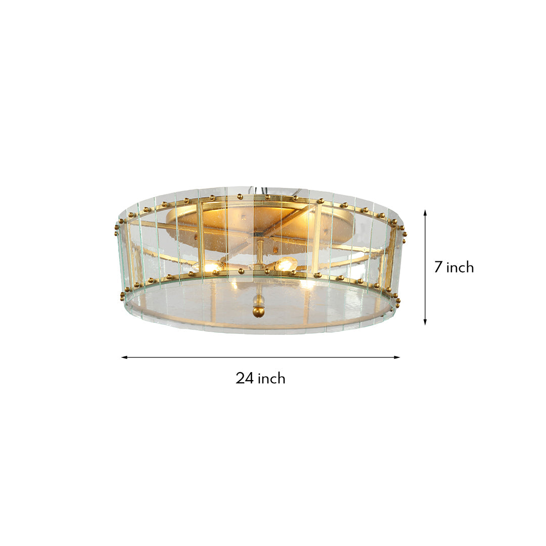 Round Geometric Flush-Mount Ceiling Light — Gold, Transparent Glass Shade, E12 Multi-Light, 24"