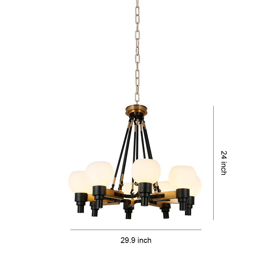 8-Light Bean Globe Chandelier — Black Metal, Transparent Glass, 29.9" Diameter, Hardwired