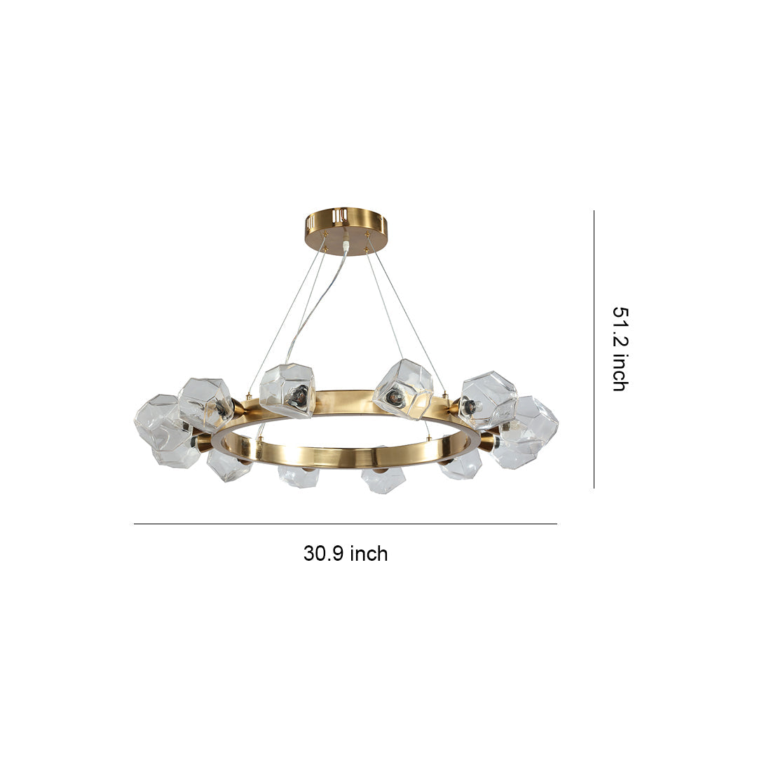 Polished Brass Ring Chandelier — Gold, Circular Geometric, Transparent Glass Shades, E12, 30.9" Diameter