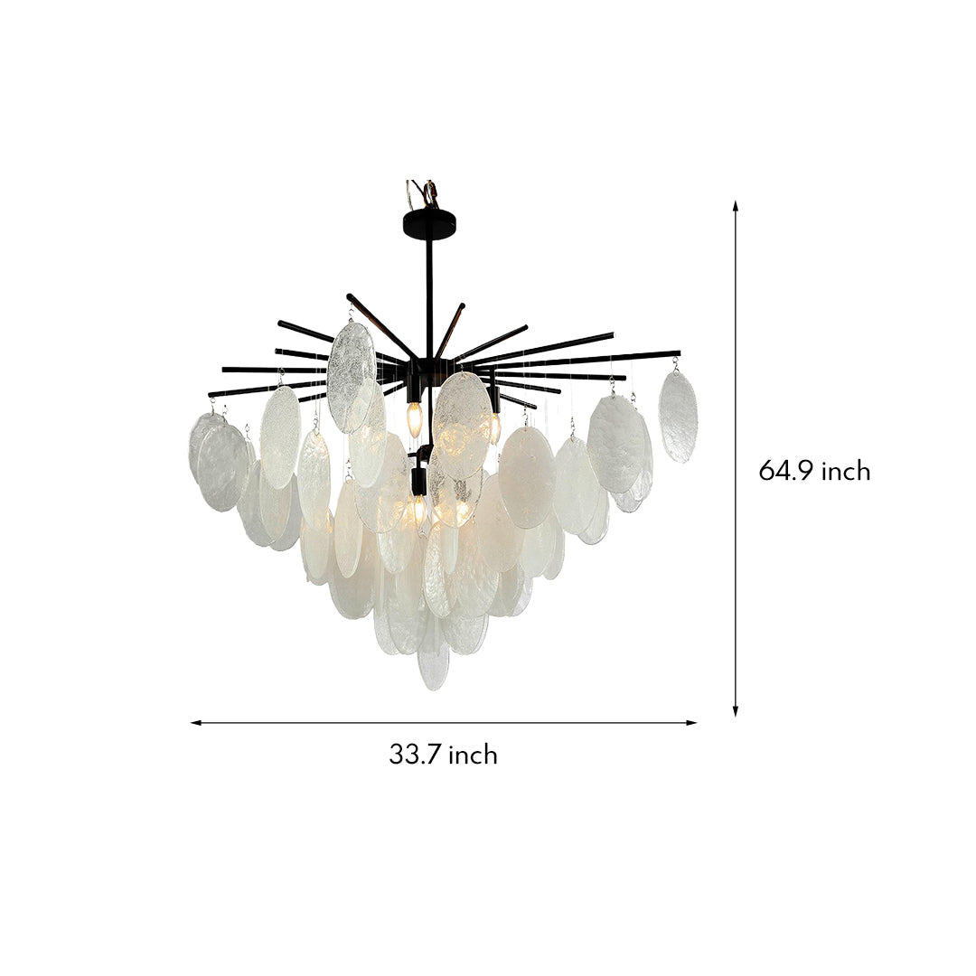 Minimalist Mother-of-Pearl Cone Chandelier — Matte Black Metal, Transparent Glass, Adjustable 36" Rod, E12