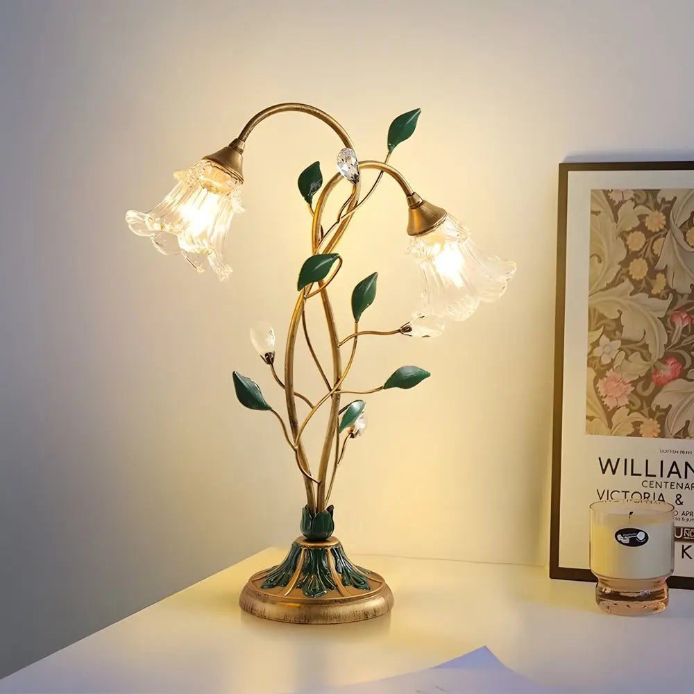 Dual-Light Dimmable Glass Floral Desk Lamp with Leaf Accents for Enhanced Ambiance Luxe