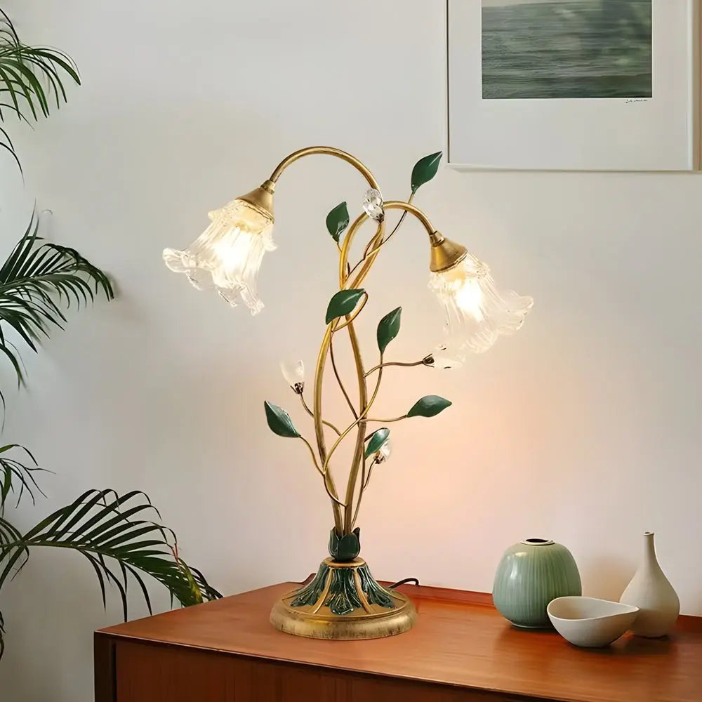 Dual-Light Dimmable Glass Floral Desk Lamp with Leaf Accents for Enhanced Ambiance Luxe