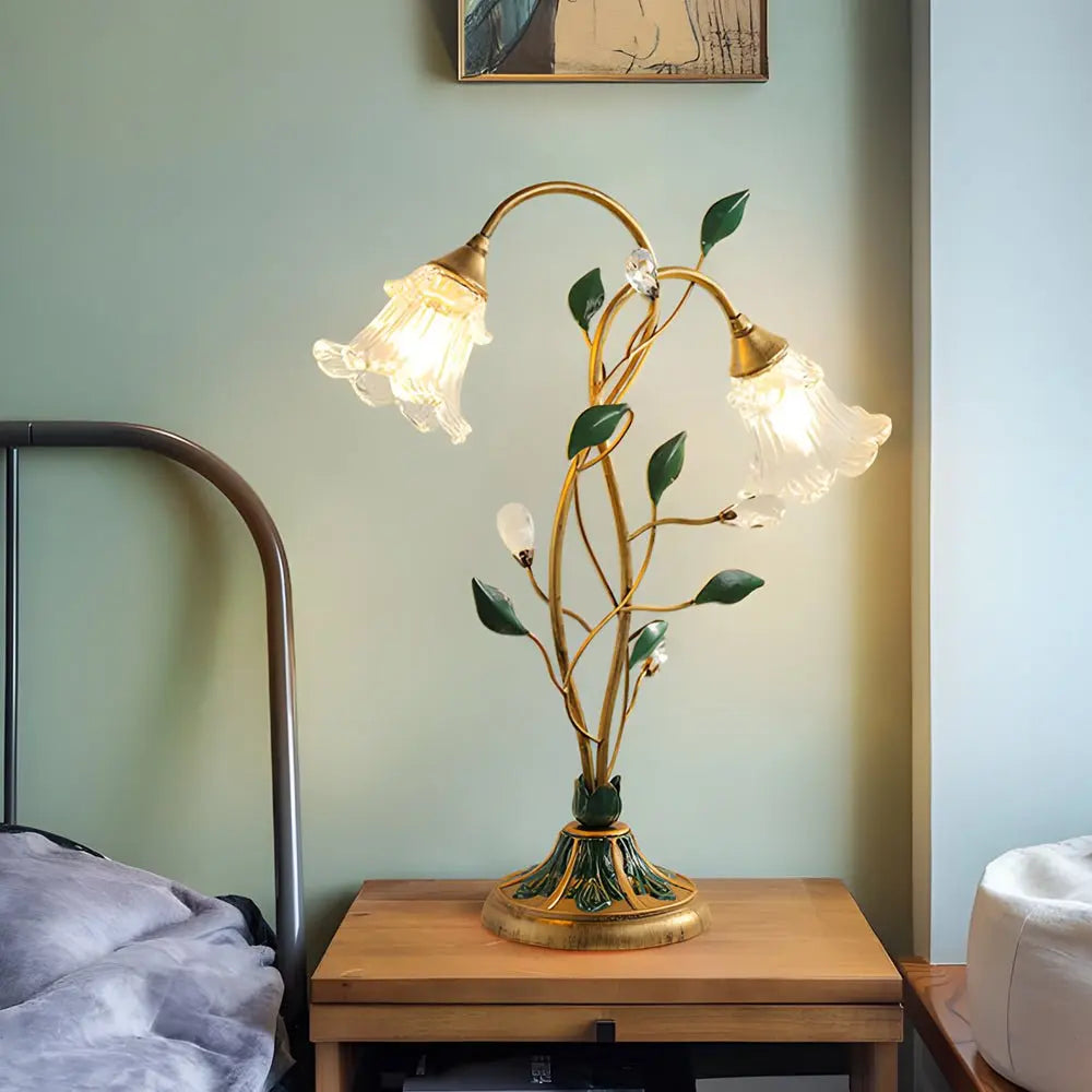 Dual-Light Dimmable Glass Floral Desk Lamp with Leaf Accents for Enhanced Ambiance Luxe