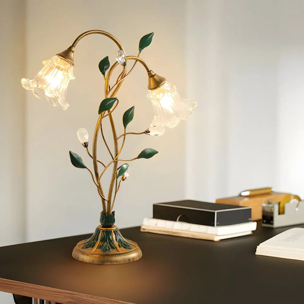 Dual-Light Dimmable Glass Floral Desk Lamp with Leaf Accents for Enhanced Ambiance Luxe
