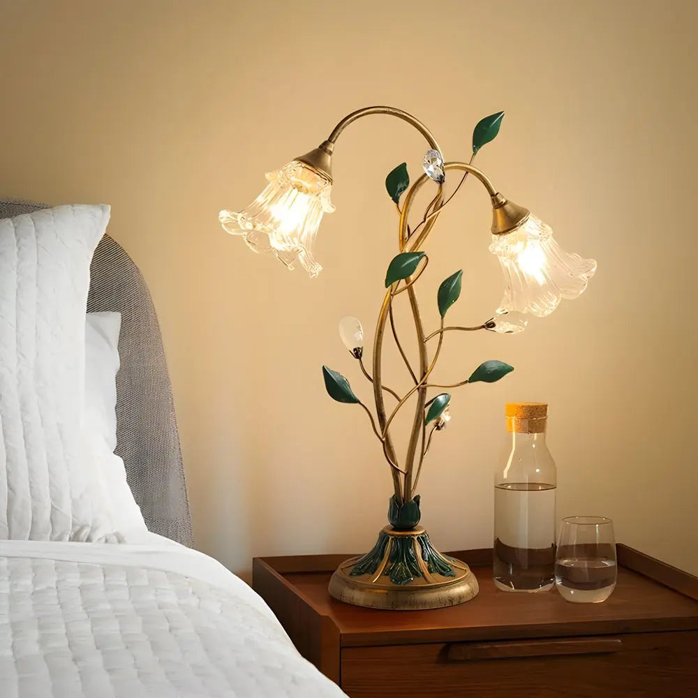 Dual-Light Dimmable Glass Floral Desk Lamp with Leaf Accents for Enhanced Ambiance Luxe