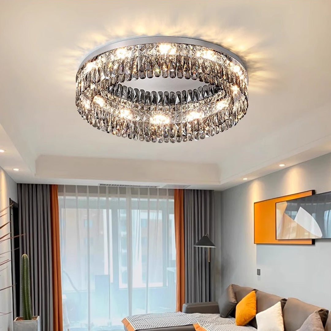 French Crystal Round LED Flush Mount — Polished Stainless Steel, K9 Crystal, 3-Step Dimming, 45cm / 60cm / 80cm