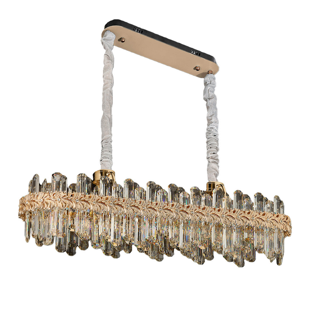 Crystal Chandelier — Champagne Gold-Plated Steel, Tri-Color LED, Single, Double, or Oval Layer, 6 Sizes