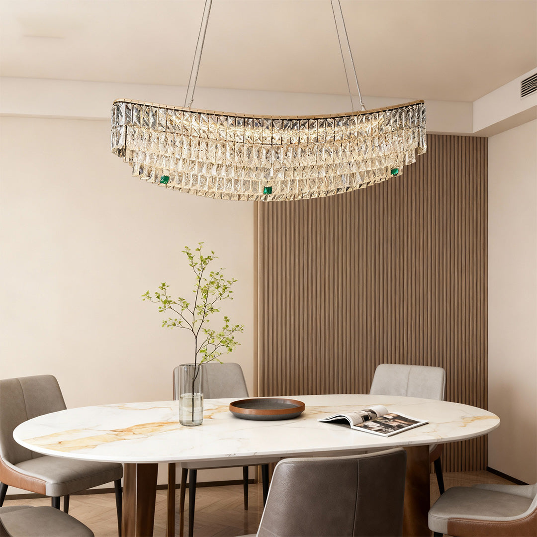 Crystal Pendant Chandelier — Champagne Gold-Plated Carbon Steel, Three-Color Dimming, LED, Adjustable Hanging Length