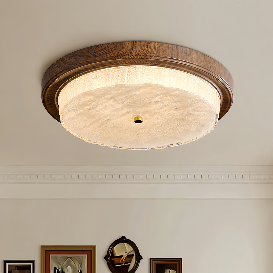 Vintage Round Flush-Mount Ceiling Light — Wood-Grain Iron & Glass, 48W–54W, Three-Color Dimming