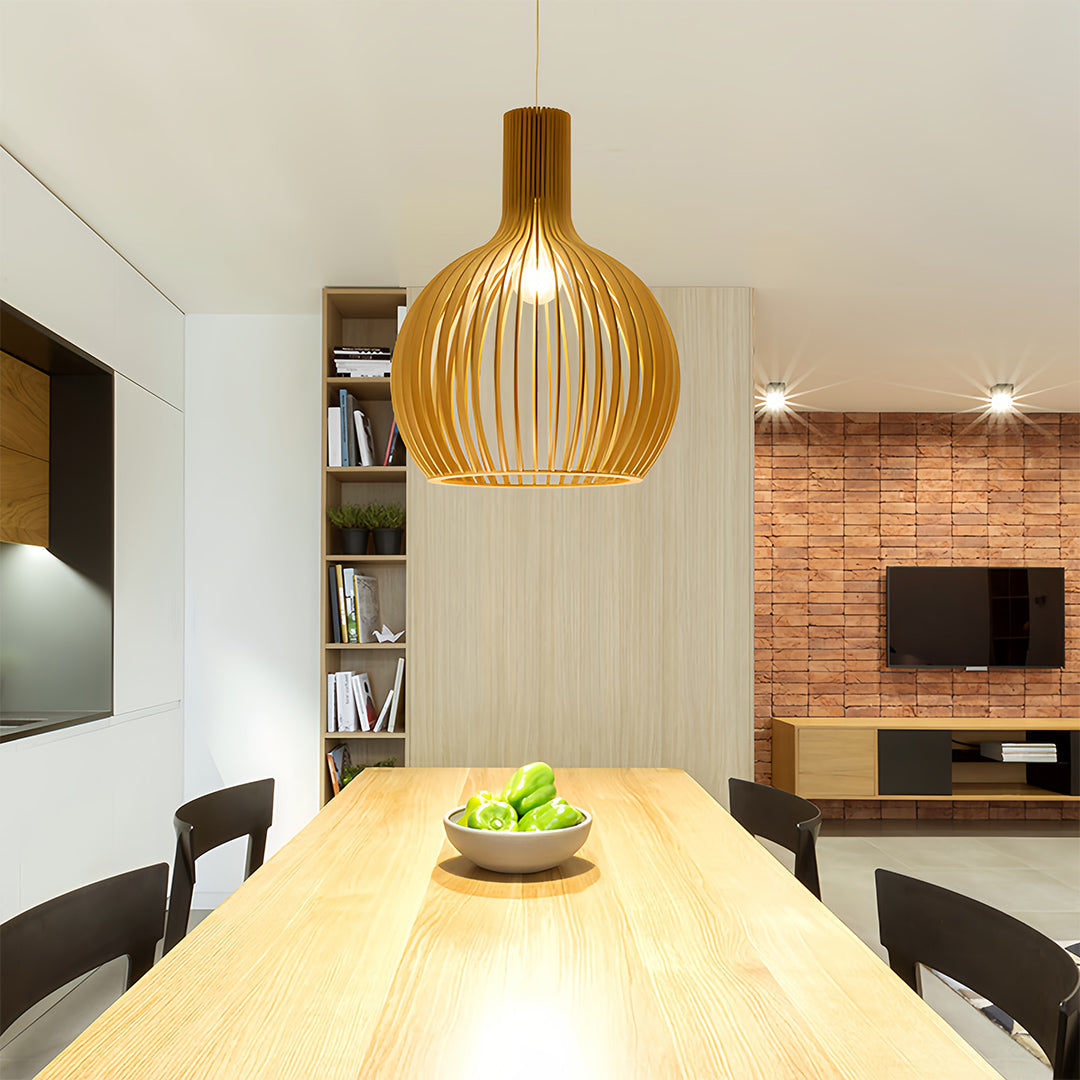 Birdcage Pendant Light — Handcrafted Birch Wood, 12W LED E27, 3-Step Dimming, Adjustable Chain, 3 Sizes