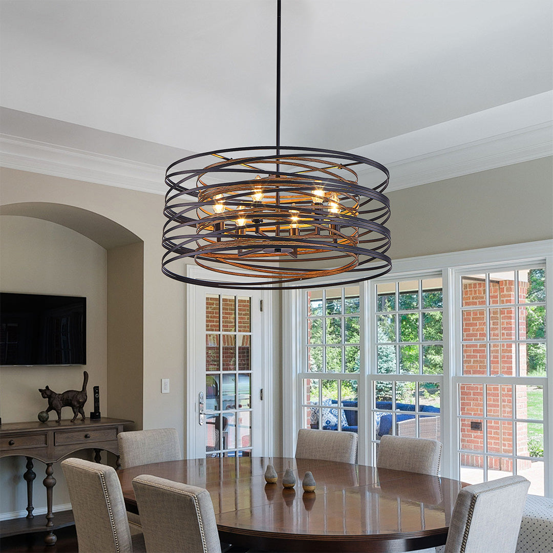 Round Drum Pendant Light — Black Iron, Walnut Wood Texture, Iron Cage, E12, 12.6" / 19.7" / 23.6"