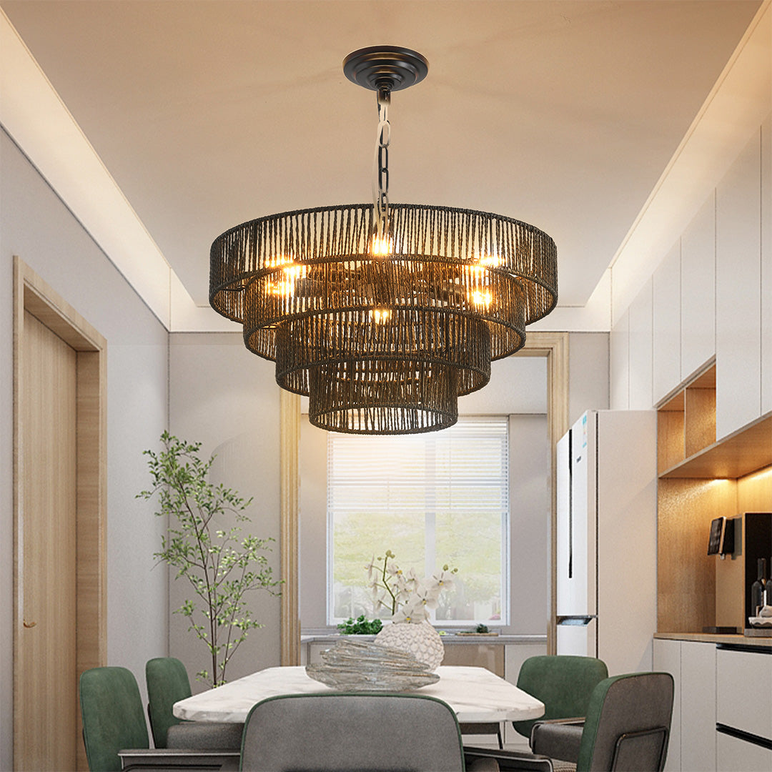 Zen Jute-Rope Chandelier — Iron Frame, Hand-Woven Natural Jute, 6-Light or 8-Light, E12, 59.1" Adjustable Chain