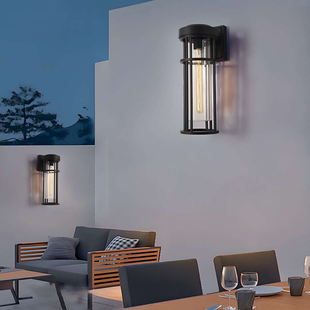 Cylindrical Outdoor Wall Sconce — Black Aluminum, Tempered Glass, E27 LED, IP54, 14.2" or 18.1"