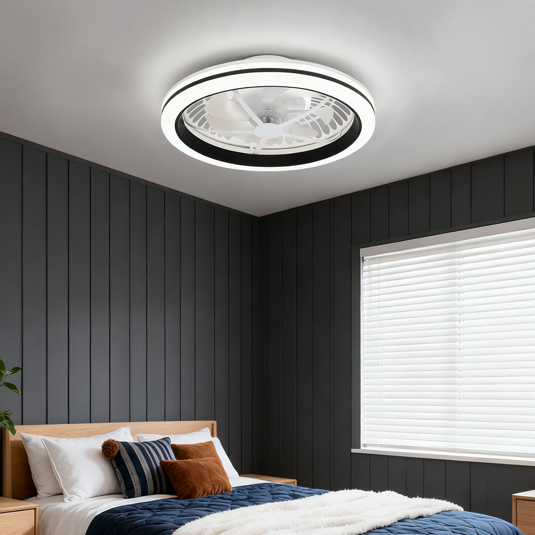 Round White Flush Mount Ceiling Fan with Light - Plastic Design