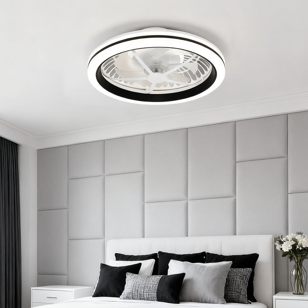 Round White Flush Mount Ceiling Fan with Light - Plastic Design