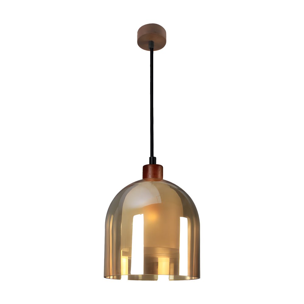 Double-Glass Mini Pendant — Walnut Wood, Frosted Inner & Tempered Outer Shade, E14, 7.1" Diameter