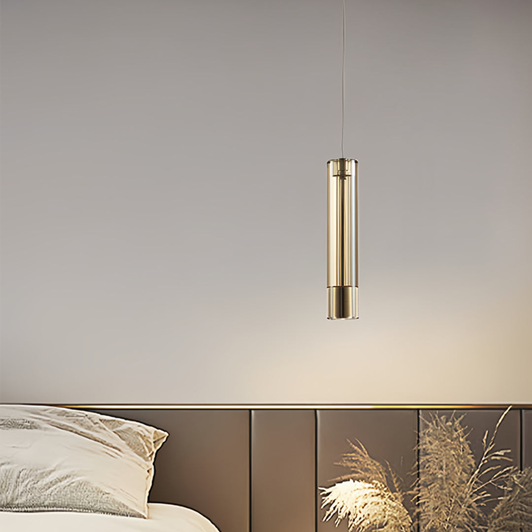 Minimalist Crystal Cylinder Mini Pendant — Metal, Single-Light, Amber or Smoke Gray, 2W, Adjustable Cord