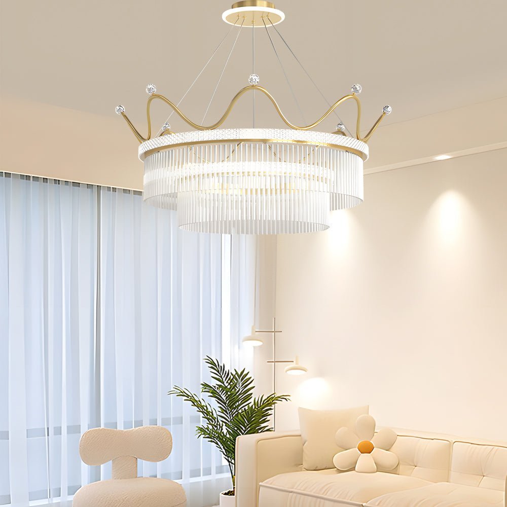 Double-Layer Glass Crystal Crown Chandelier — Gold Iron, 3-Step Dimming, 3000K/4500K/6000K