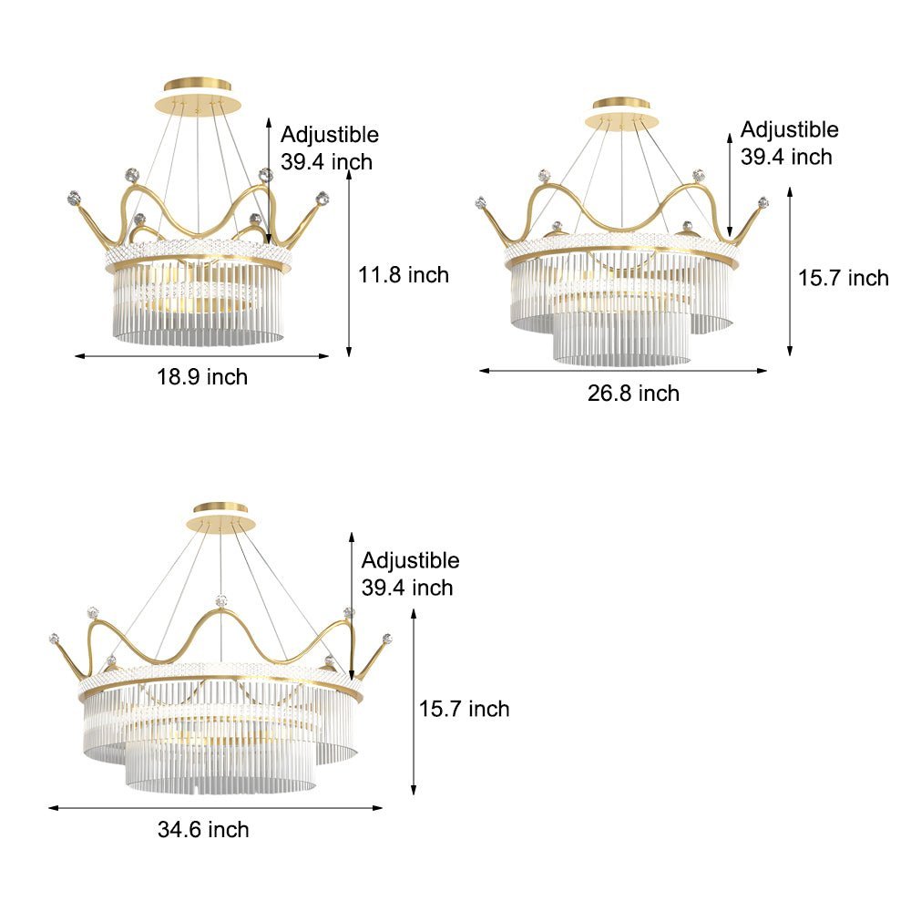 Double-Layer Glass Crystal Crown Chandelier — Gold Iron, 3-Step Dimming, 3000K/4500K/6000K