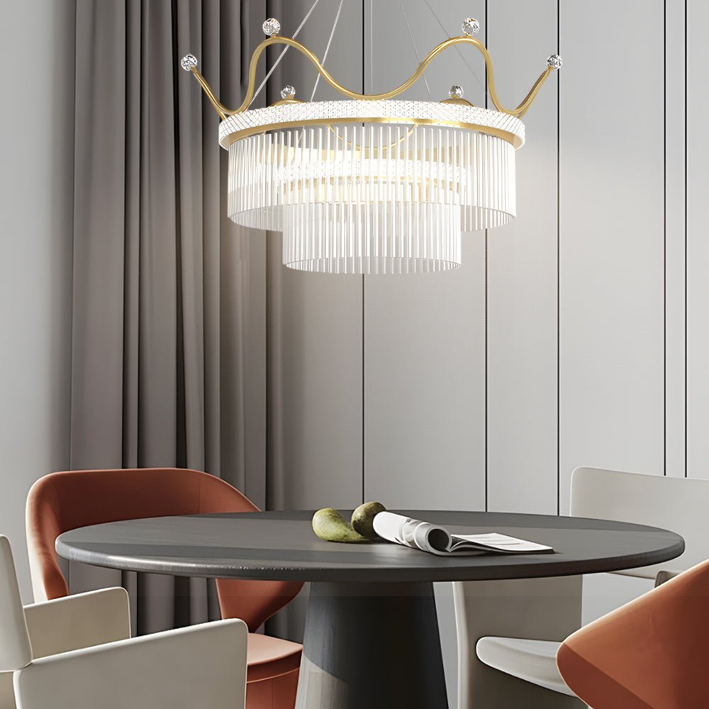 Double-Layer Glass Crystal Crown Chandelier — Gold Iron, 3-Step Dimming, 3000K/4500K/6000K