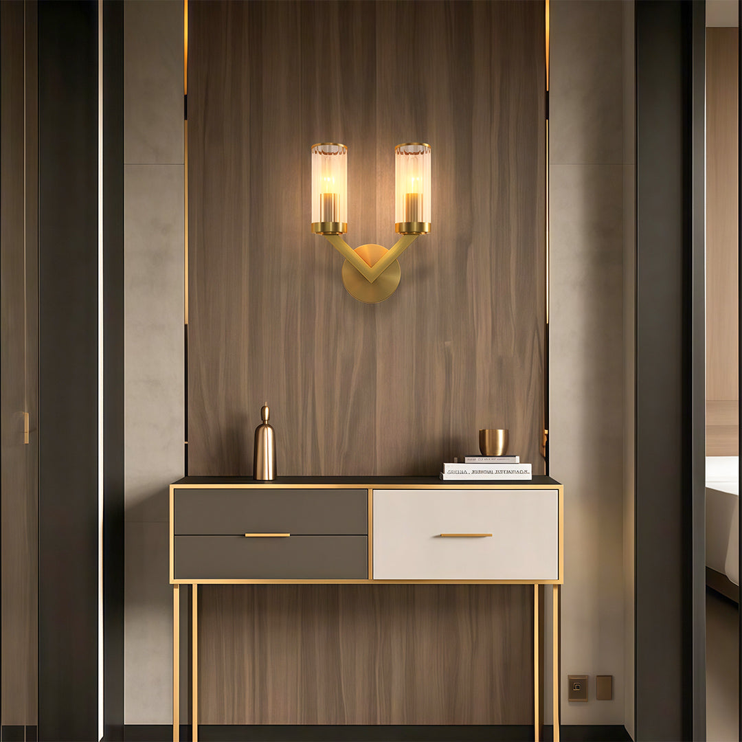 Double Wall Sconce — Pure Copper Frame, Transparent Glass Shades, 2-Light, E14, Hardwired