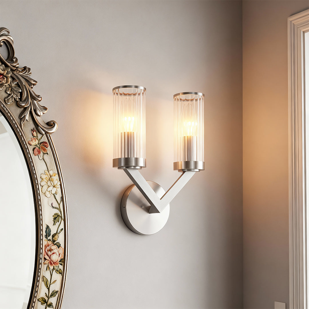 Double Wall Sconce — Pure Copper Frame, Transparent Glass Shades, 2-Light, E14, Hardwired