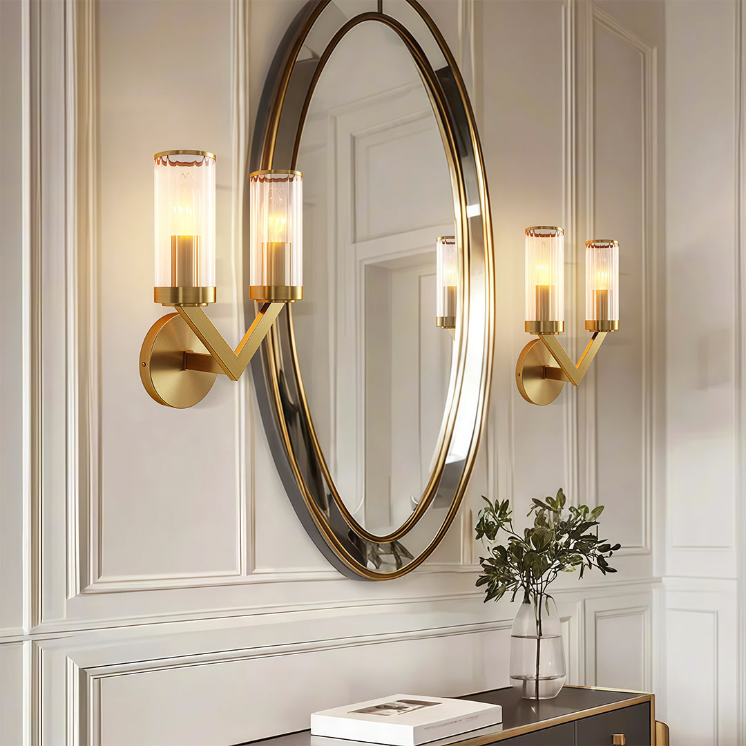 Double Wall Sconce — Pure Copper Frame, Transparent Glass Shades, 2-Light, E14, Hardwired