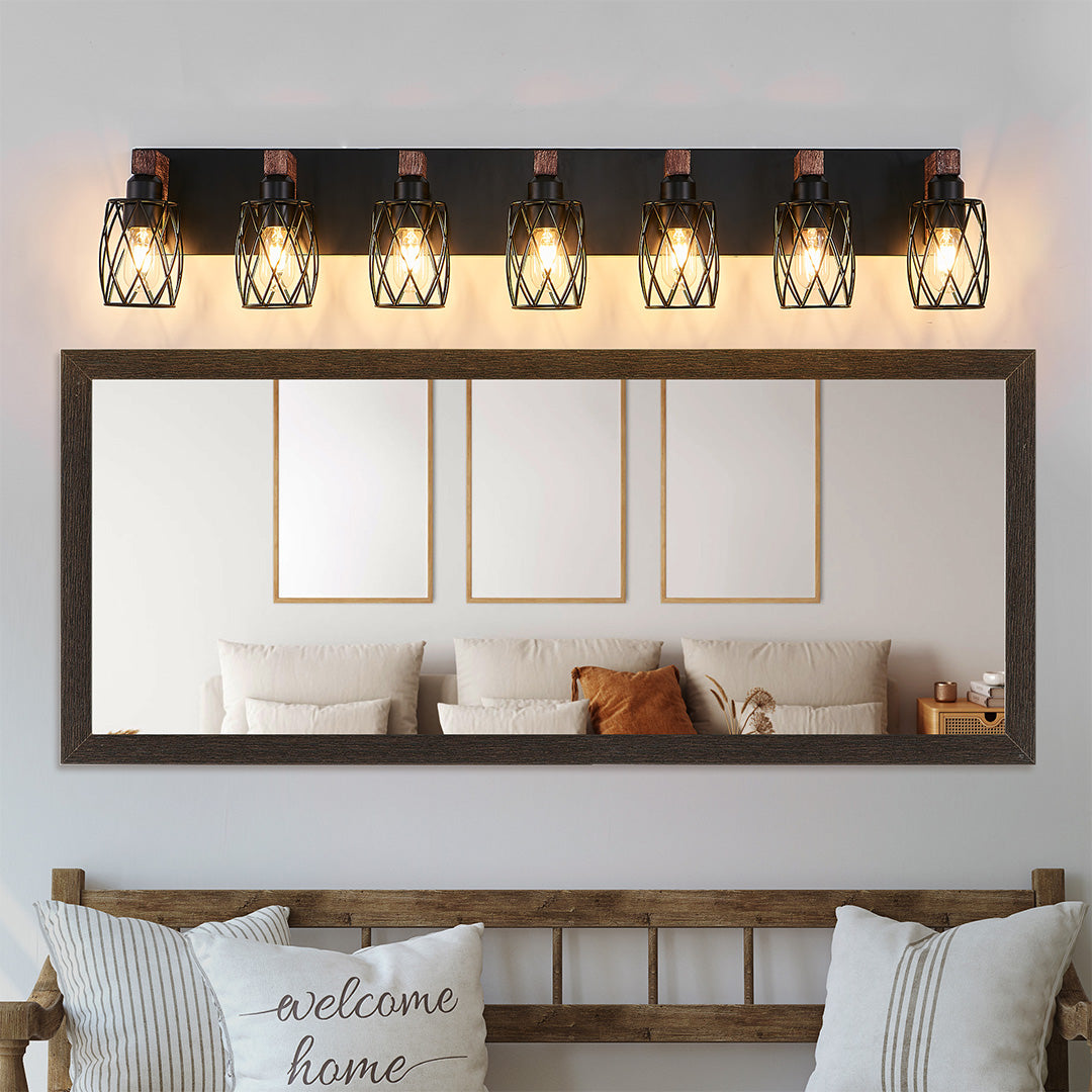 Metal Cage Bathroom Vanity Light — Black Finish, Walnut Wood, 3-to-7-Light, E26