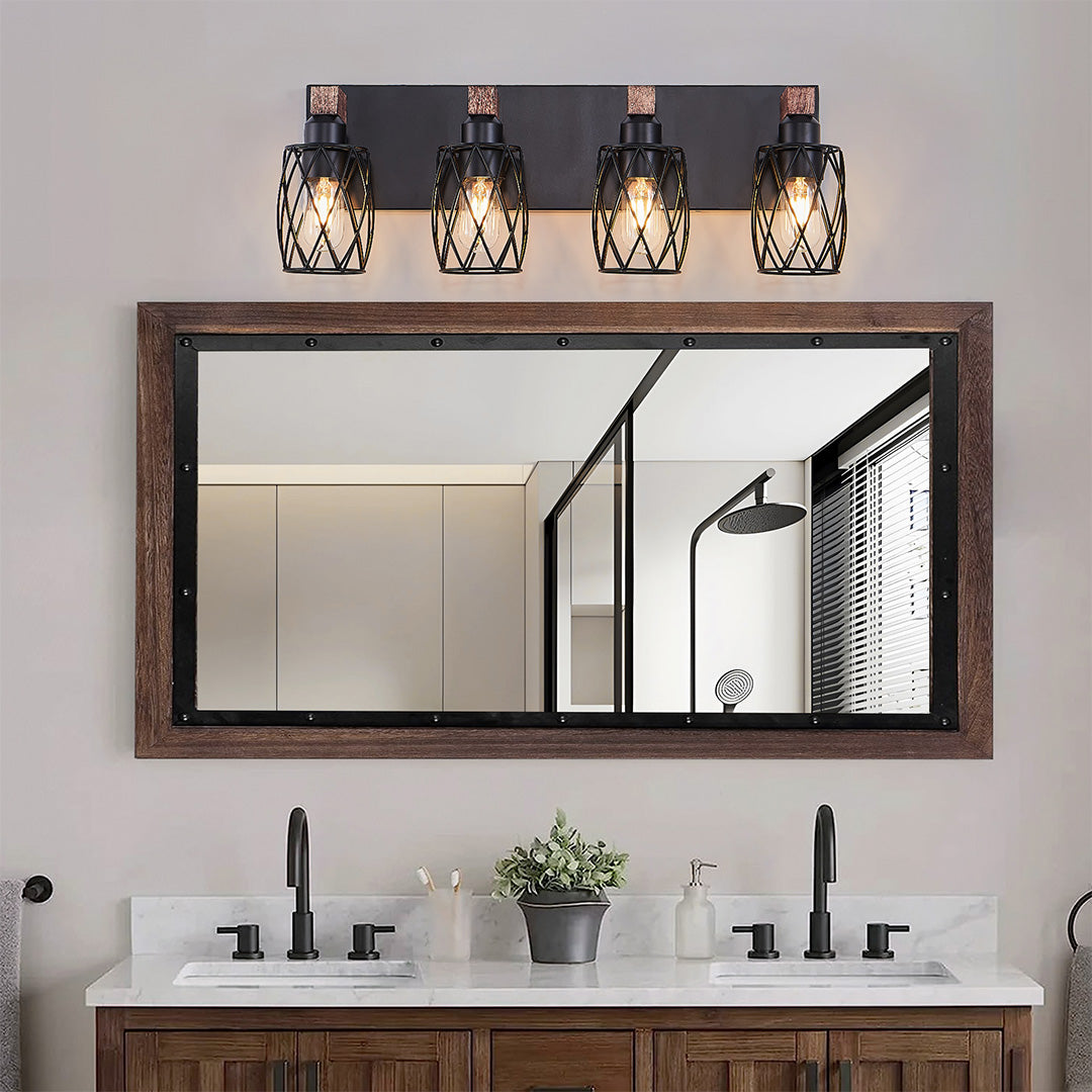 Metal Cage Bathroom Vanity Light — Black Finish, Walnut Wood, 3-to-7-Light, E26