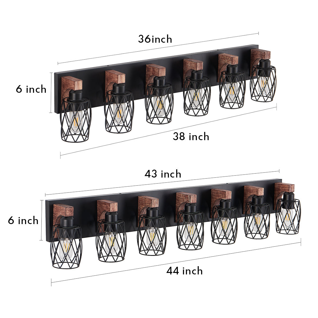Metal Cage Bathroom Vanity Light — Black Finish, Walnut Wood, 3-to-7-Light, E26