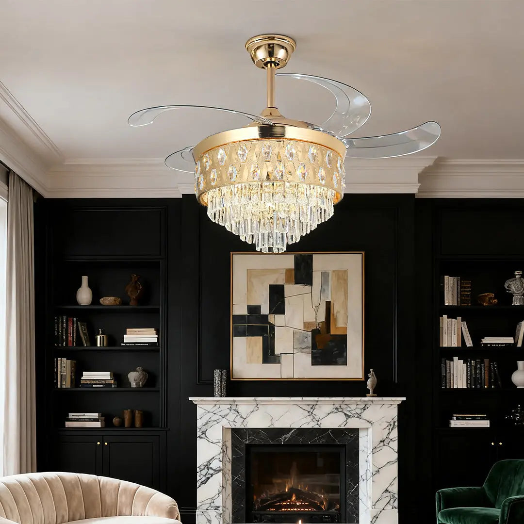 Luxury Gold Iron Ceiling Fans with Crystal Pendant Lights Luxe