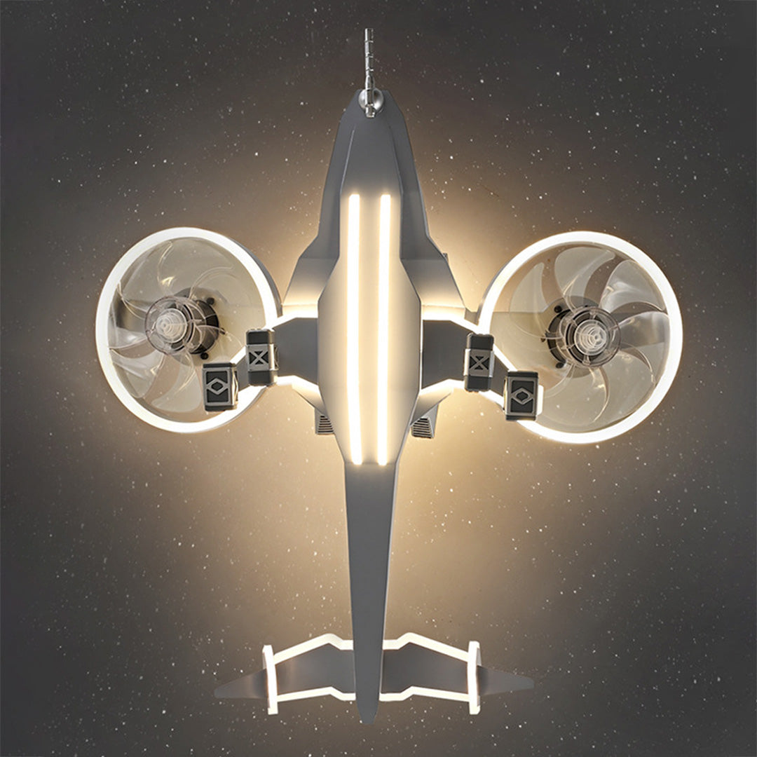Fighter Jet Kids Ceiling Fan with Light — Metal, Acrylic Shade, Remote Stepless Dimming 3000K–6000K, 5-Speed, 360° Head