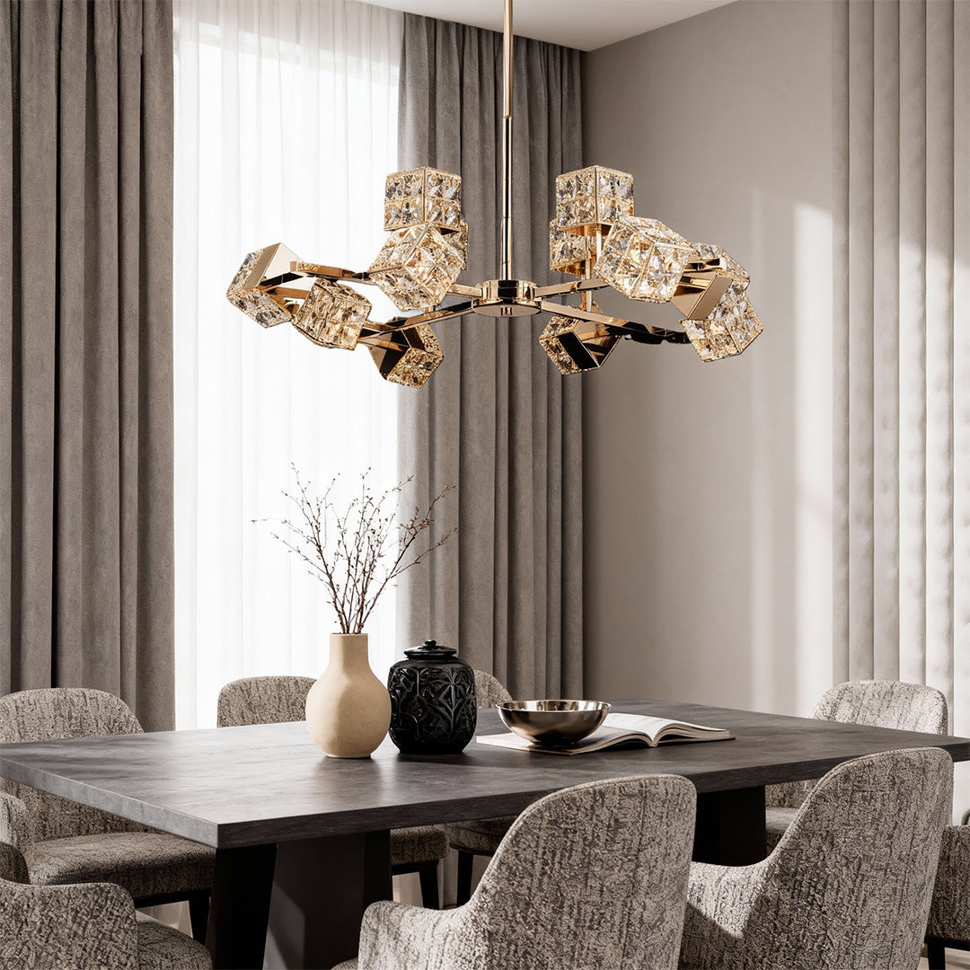 Cube Crystal Chandelier — Gold, LED, 3-Step Dimming, 6 to 15-Light Configurations